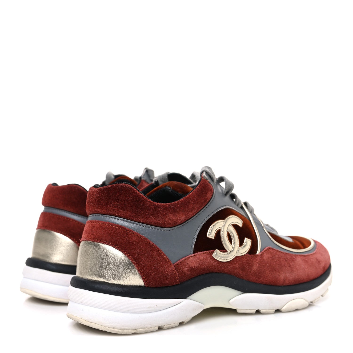 Chanel Suede Velvet Lambskin CC Sneakers 36 Burgundy Grey