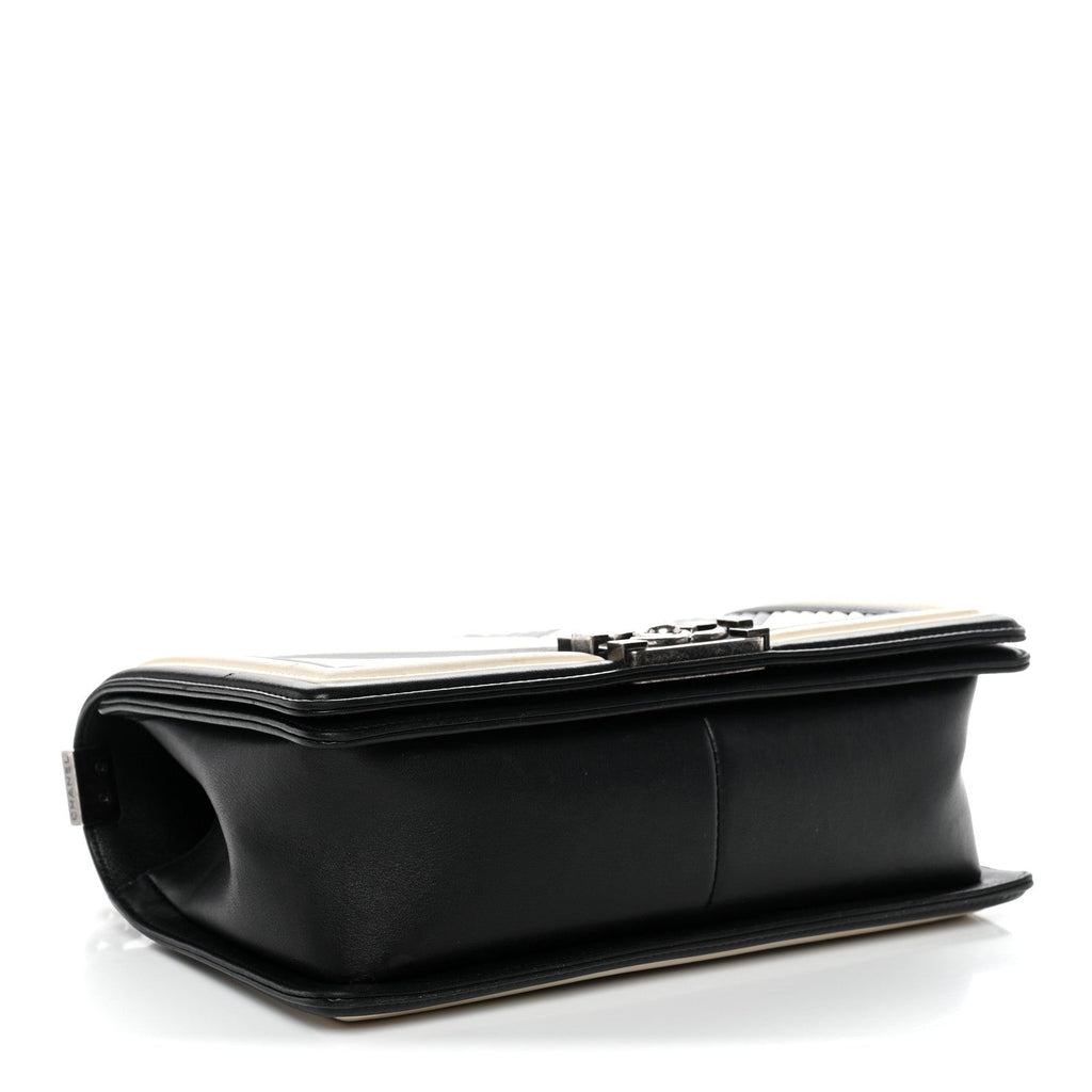 Chanel Calfskin Pleated Medium Boy In Rome Flap Black White