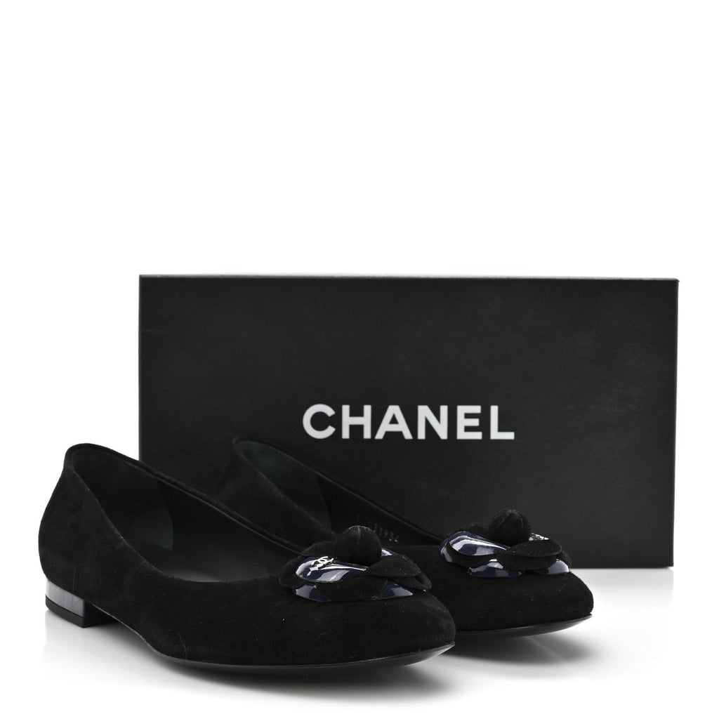 Chanel Suede Patent Camellia CC Ballerina Flat 37 Navy Black