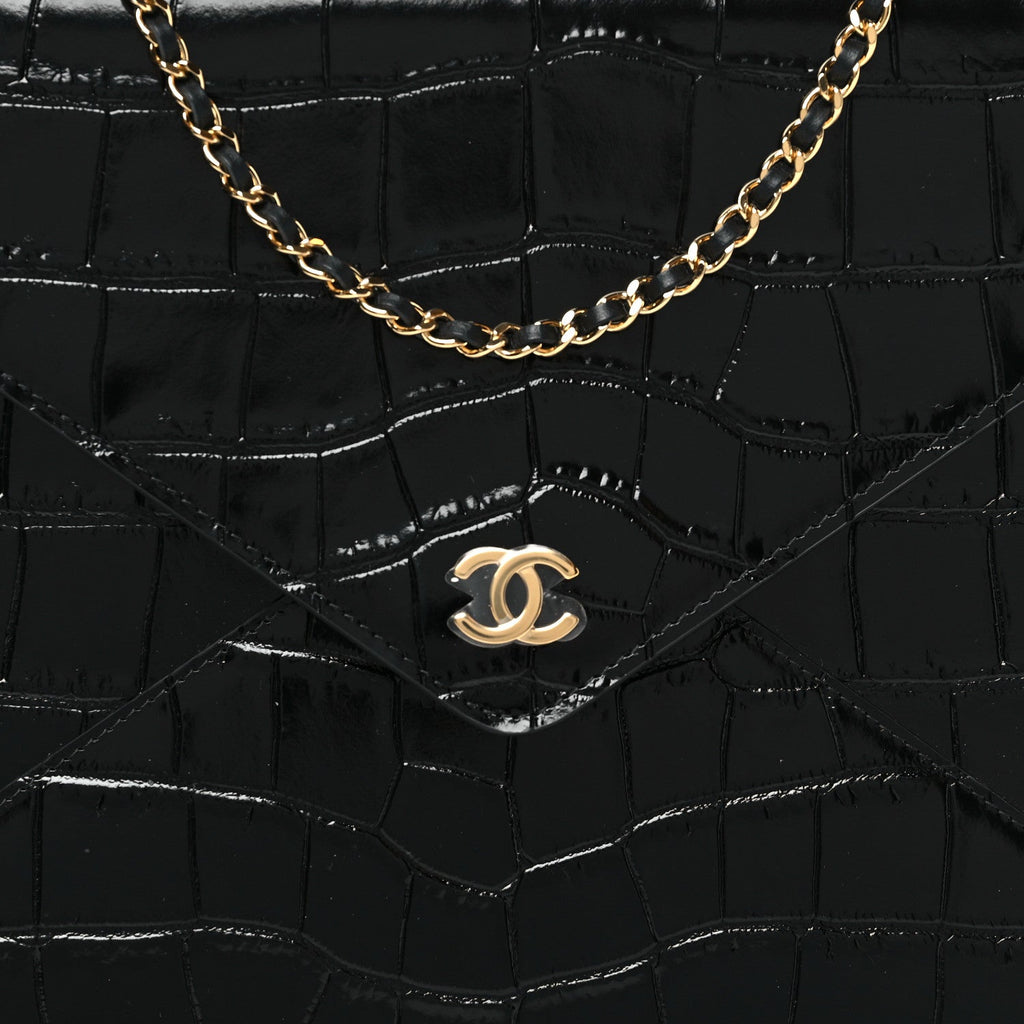 Chanel Calfskin Crocodile Embossed Croc Illusion Clutch With Chain  Black