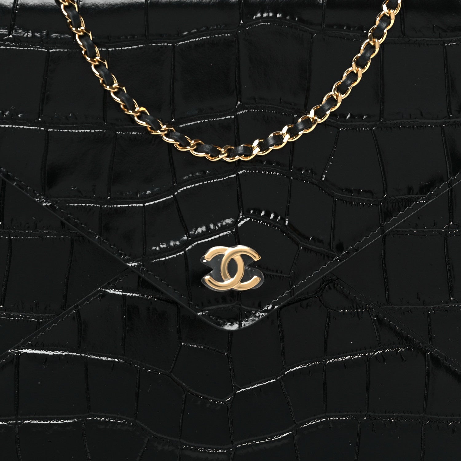 Chanel Calfskin Crocodile Embossed Croc Illusion Clutch With Chain  Black