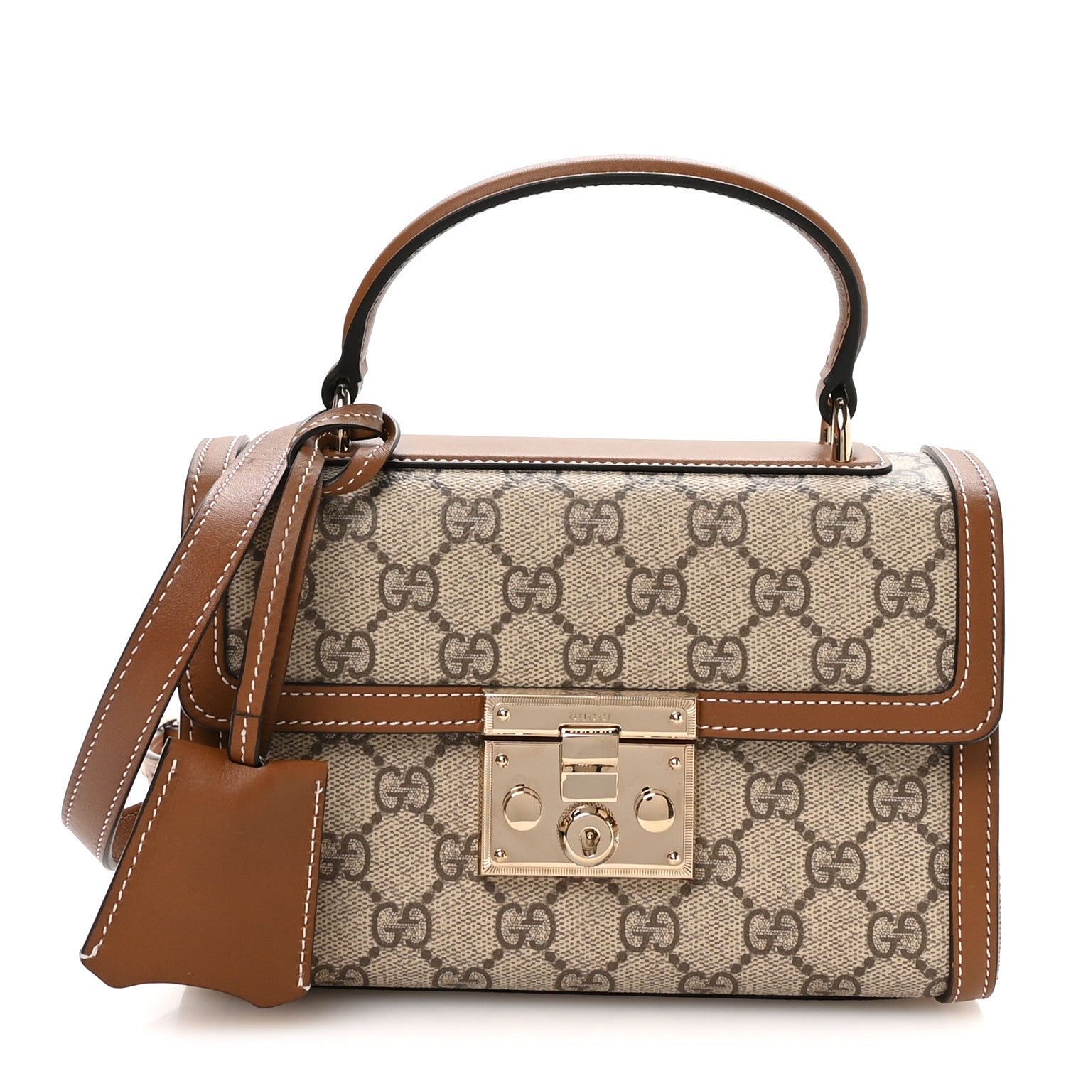 Gucci GG Supreme Monogram Small Padlock Top Handle Shoulder Bag Beige Ebony Dark Brown