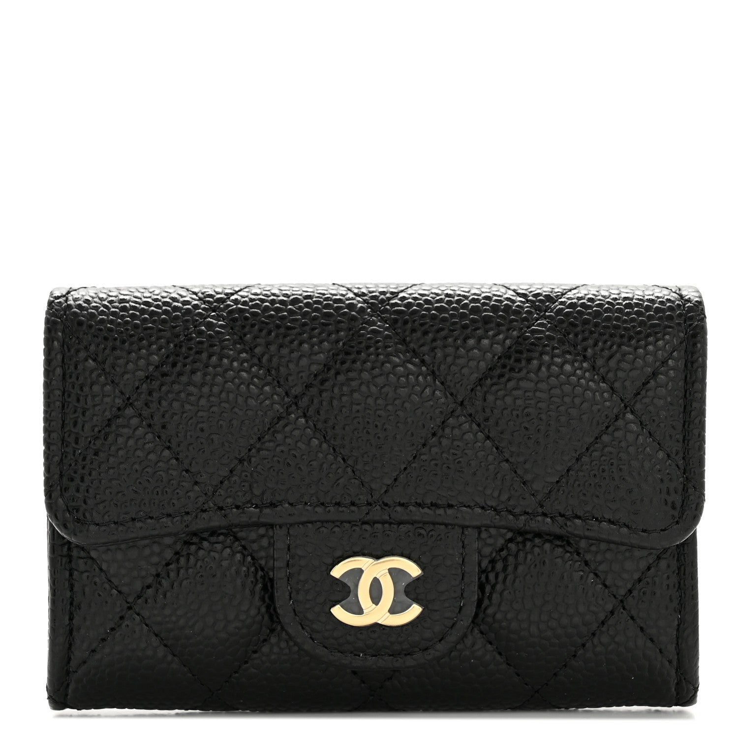 Caviar Quilted Flap Card Holder Wallet Black