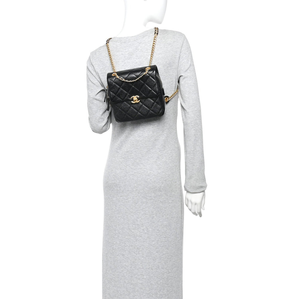 Chanel Shiny Caviar Quilted Chain Melody Backpack Black