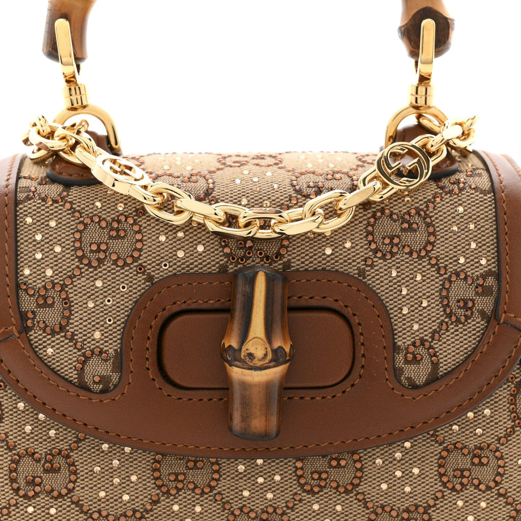 Gucci New Canvas Charisma Calfskin Crystal GG Monogram Small Bamboo 1947 Top Handle Bag Camel Ebony