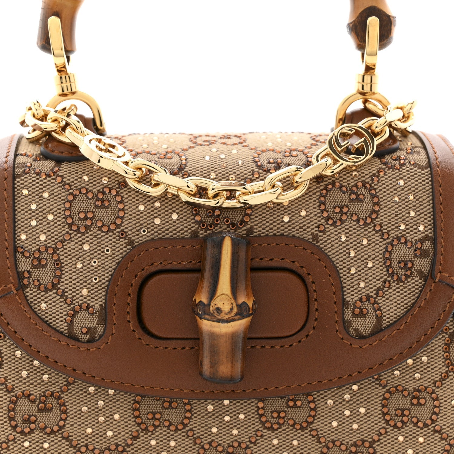 Gucci New Canvas Charisma Calfskin Crystal GG Monogram Small Bamboo 1947 Top Handle Bag Camel Ebony