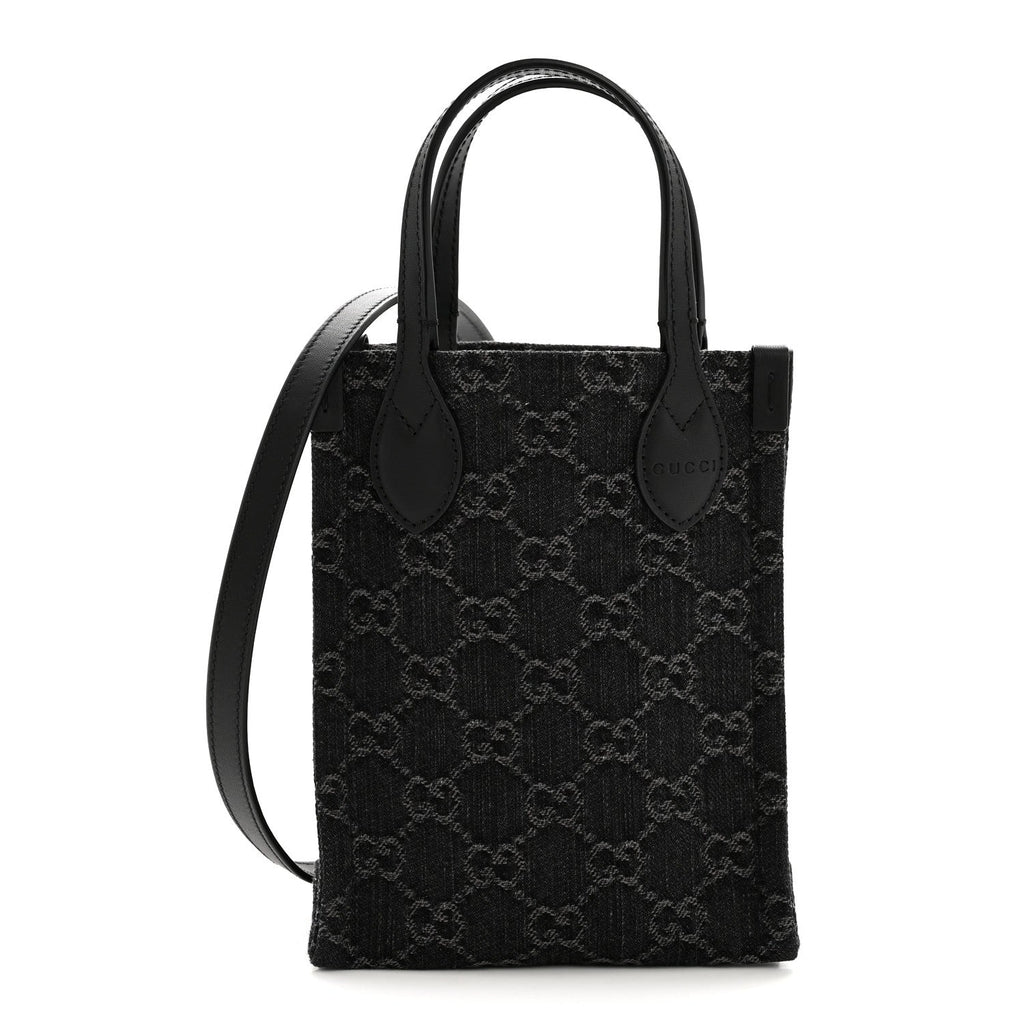 Gucci Denim Cuoio Harness GG Monogram Mini Ophidia Tote Bag Black Medium Grey