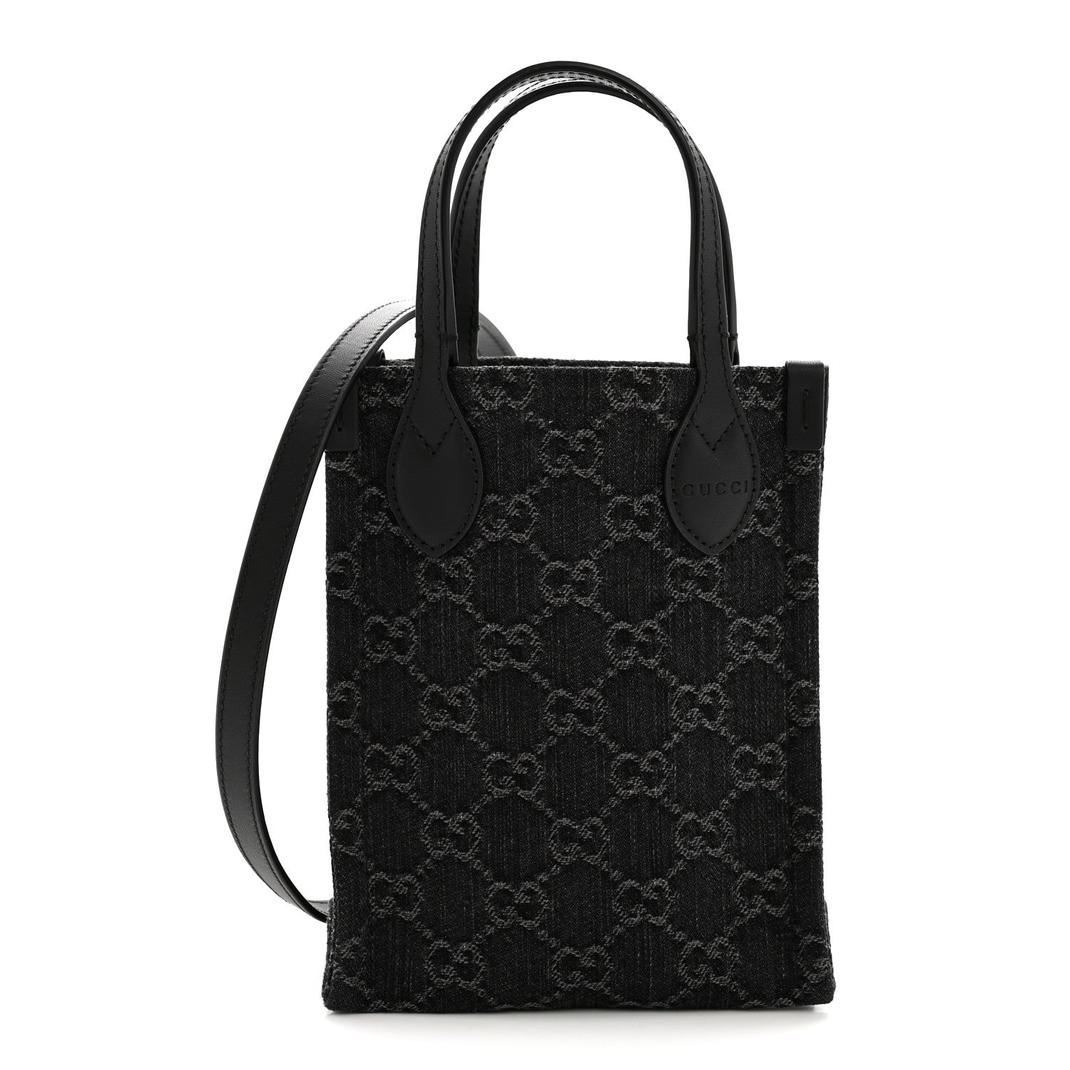 Gucci Denim Cuoio Harness GG Monogram Mini Ophidia Tote Bag Black Medium Grey