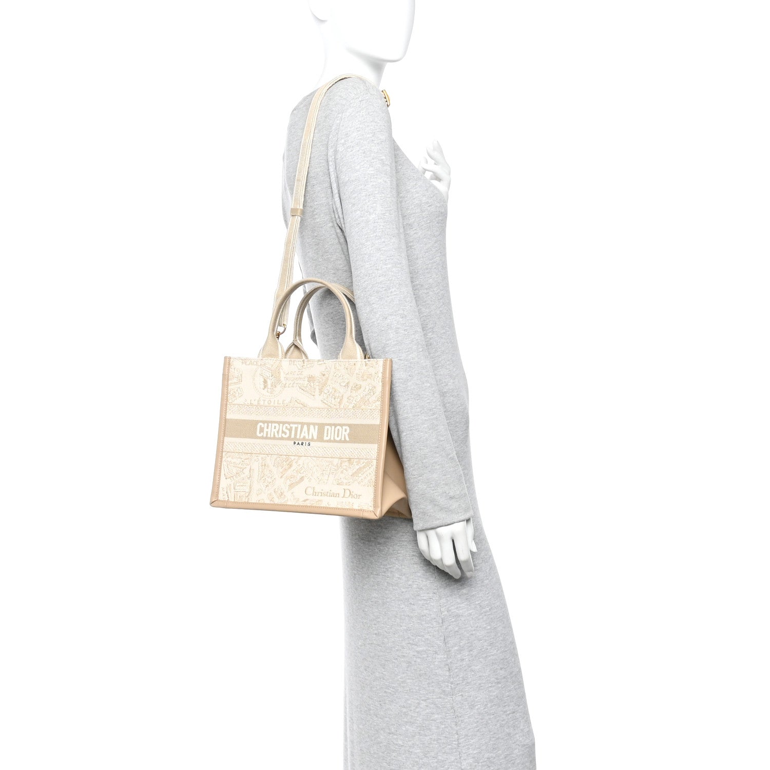 Christian Dior Canvas Calfskin Embroidered Small Plan De Paris Book Tote With Strap Beige