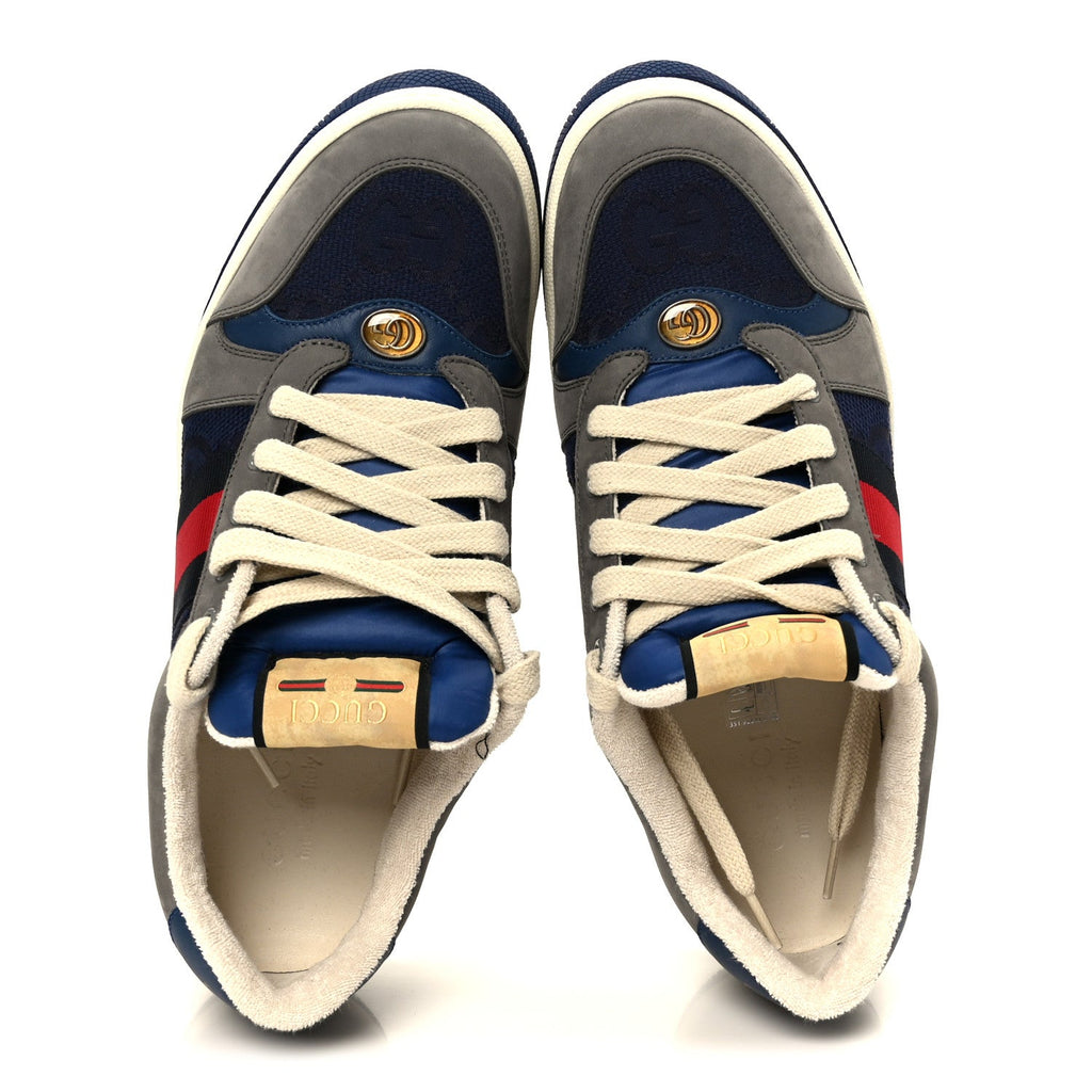 Gucci Suede GG Monogram Calfskin Web Mens Screener Sneakers 9 Grey Blue Red