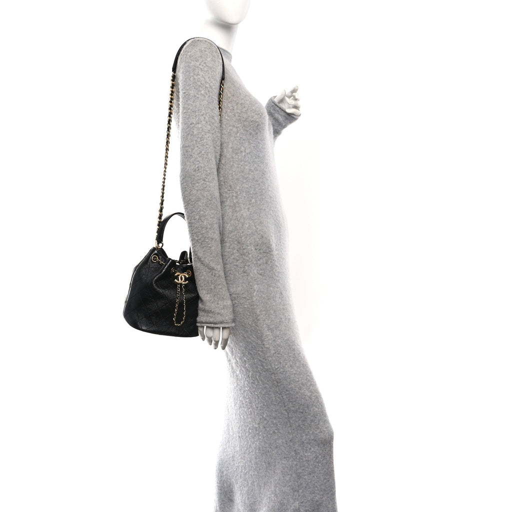 Chanel Shiny Lambskin Quilted Fashion Therapy Bucket Drawstring Bag Black