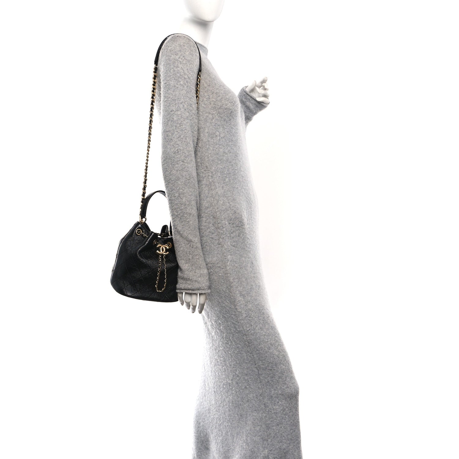 Chanel Shiny Lambskin Quilted Fashion Therapy Bucket Drawstring Bag Black
