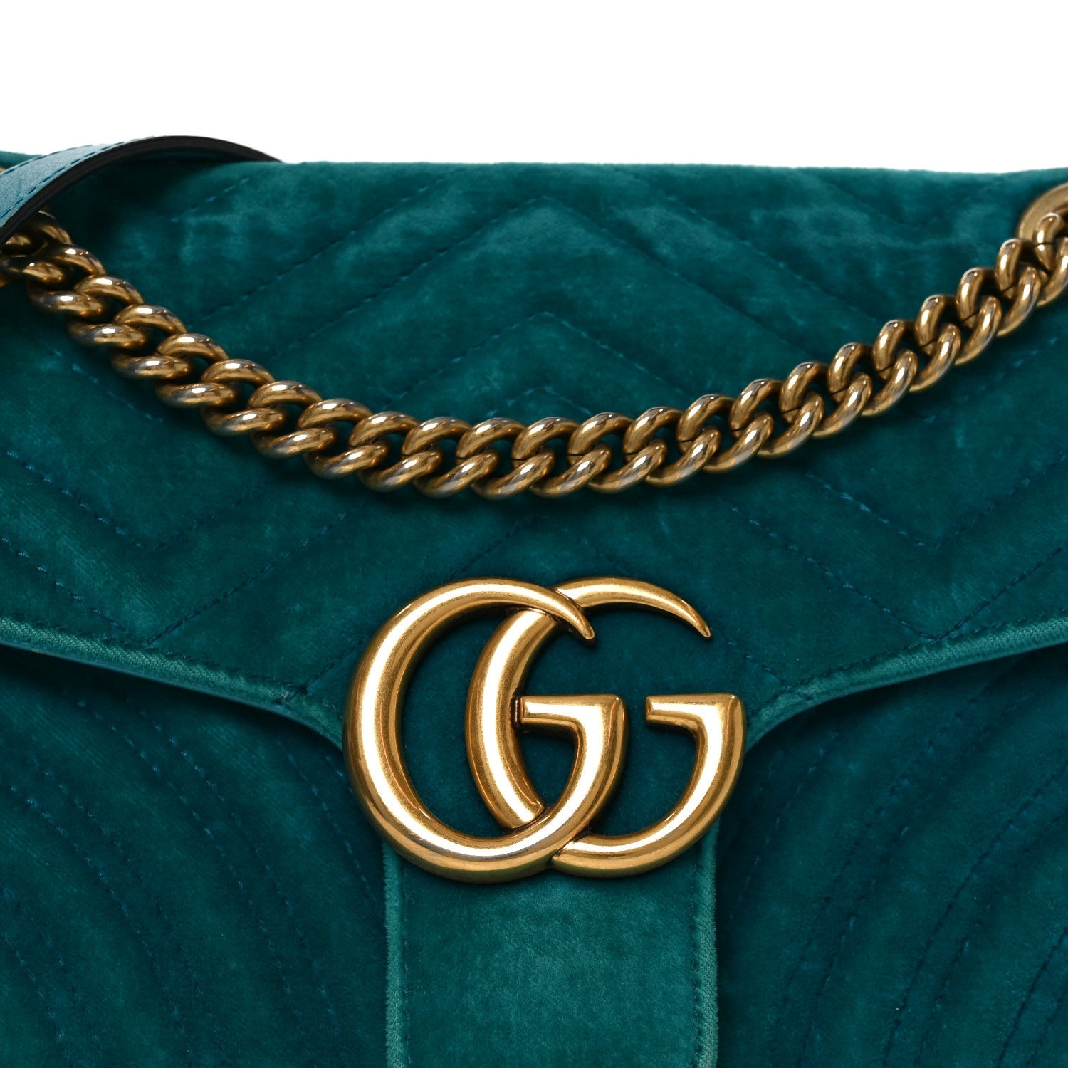 Gucci Velvet Matelasse Small GG Marmont Shoulder Bag Pavone Cyan
