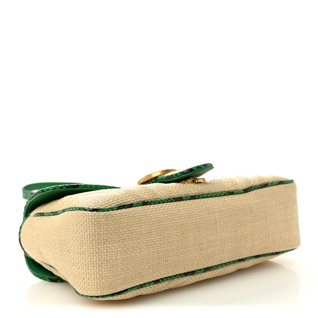 Gucci Raffia Elaphe Matelasse Small GG Marmont Shoulder Bag Natural New Shamarock