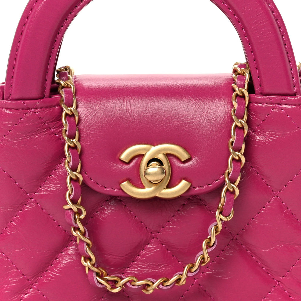 Chanel Shiny Aged Calfskin Quilted Mini Nano Kelly Shopper Dark Pink
