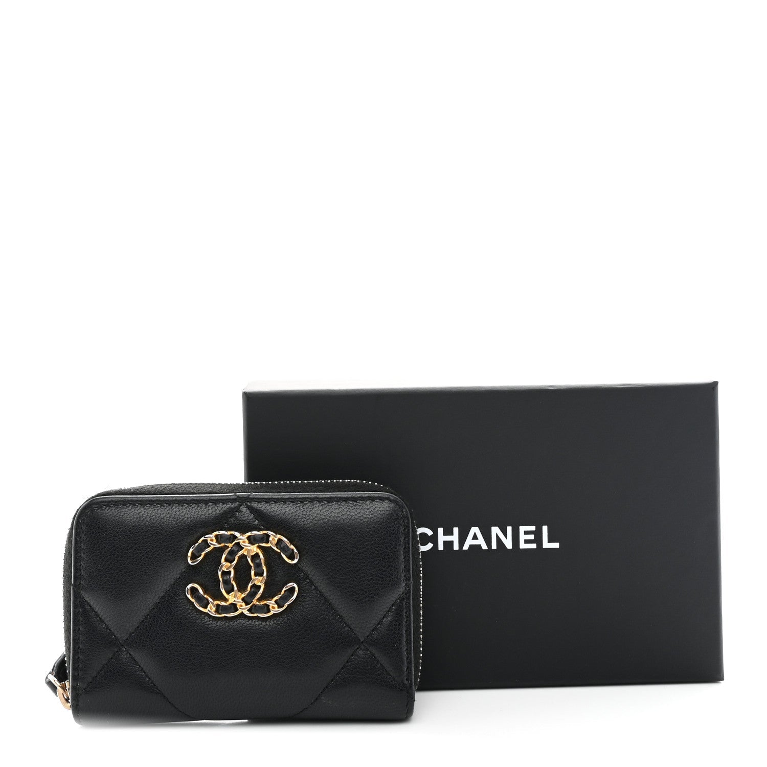 Lambskin Quilted Chanel 19 Zip Around Coin Purse Wallet Black