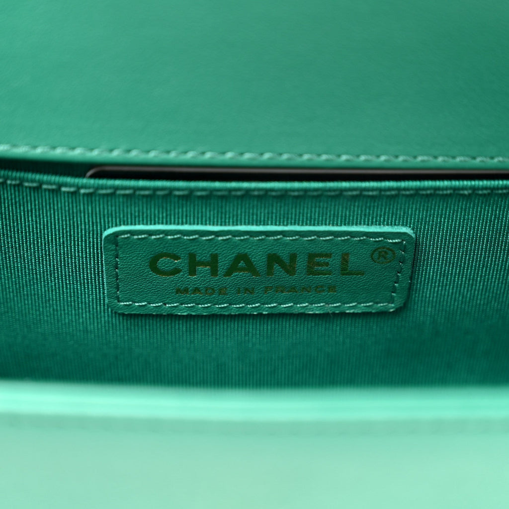 Chanel Calfskin Chevron Quilted Small Boy Flap Green