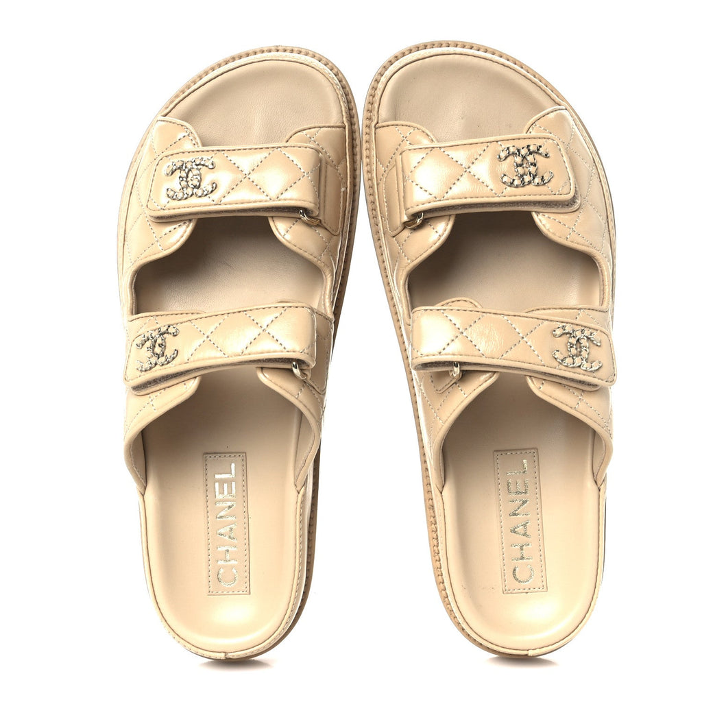 Lambskin Quilted Velcro Dad Chain CC Slide Sandals 39.5 Beige