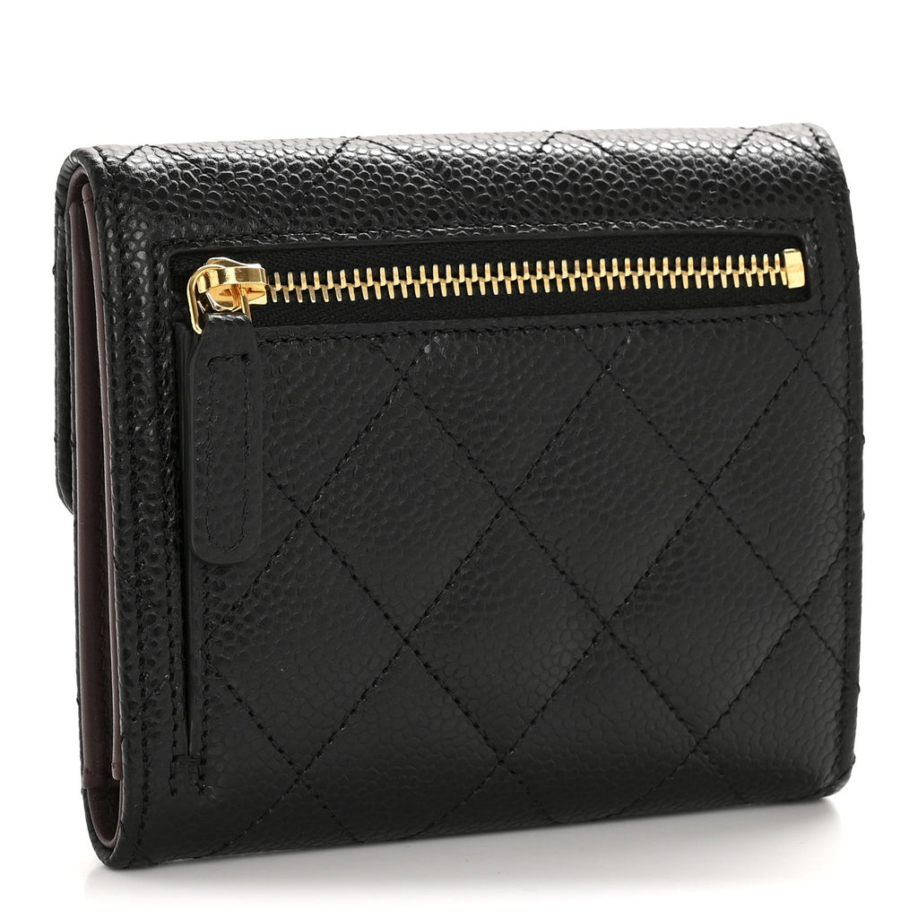 Caviar Quilted Compact Flap Wallet Black