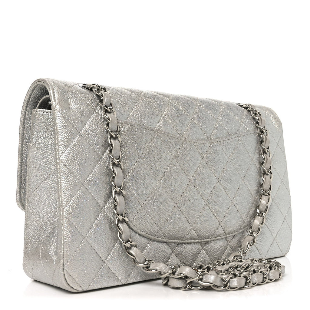 Chanel Glittered Metallic Caviar Quilted Medium Double Flap Silver
