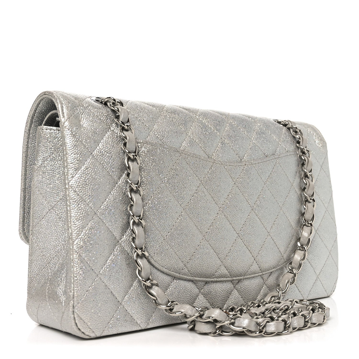 Chanel Glittered Metallic Caviar Quilted Medium Double Flap Silver