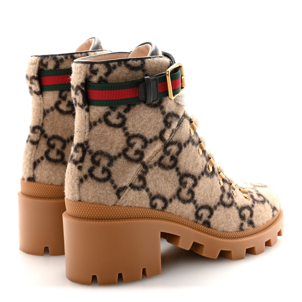 Gucci Covered Wool Big GG Monogram Womens Lace Up Combat Ankle Boots 36 Beige Ebony Cocoa