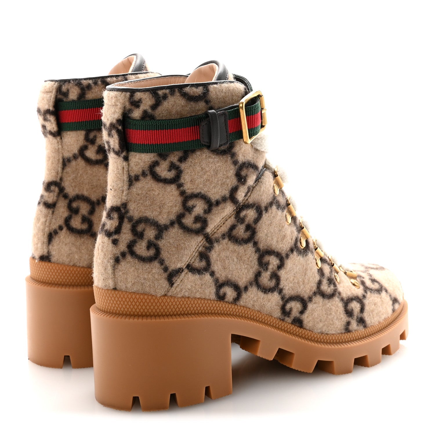 Gucci Covered Wool Big GG Monogram Womens Lace Up Combat Ankle Boots 36 Beige Ebony Cocoa
