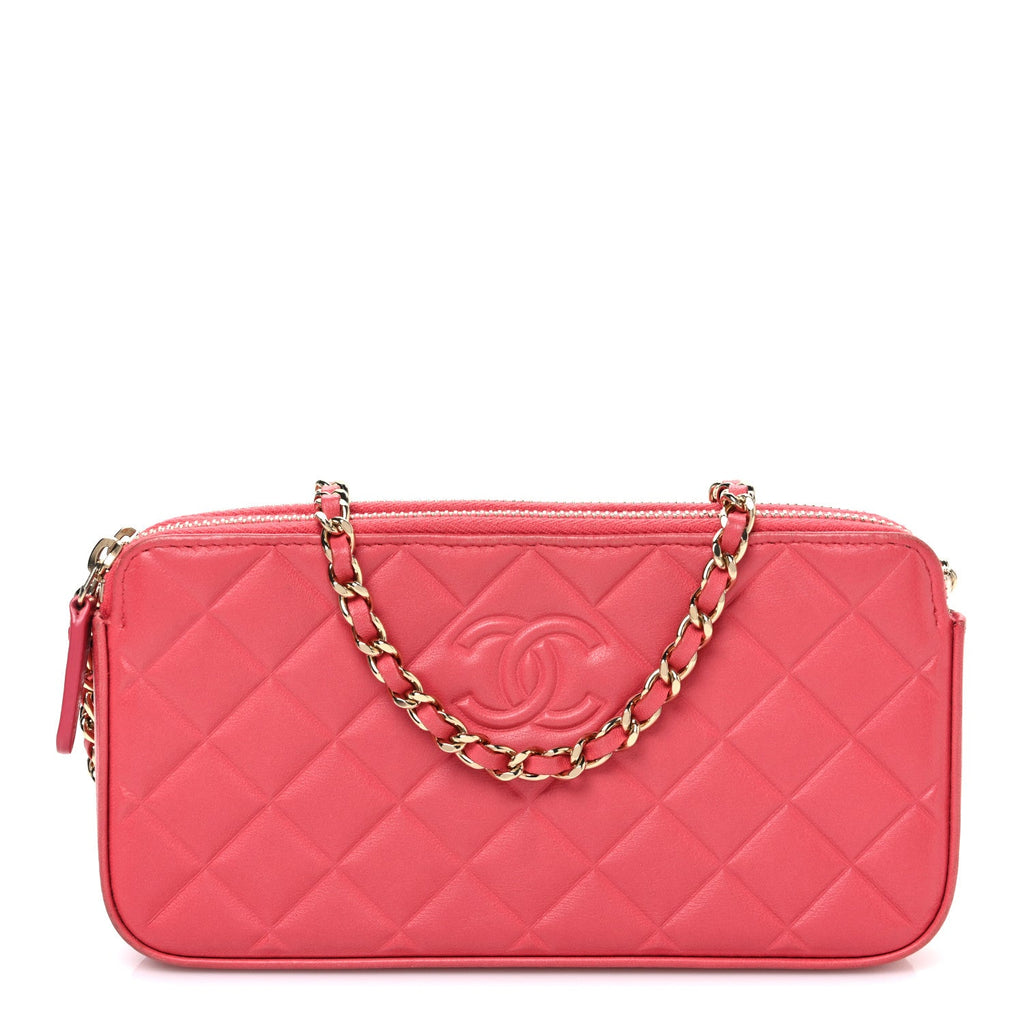 Chanel Lambskin Quilted Small Clutch With Chain Pink