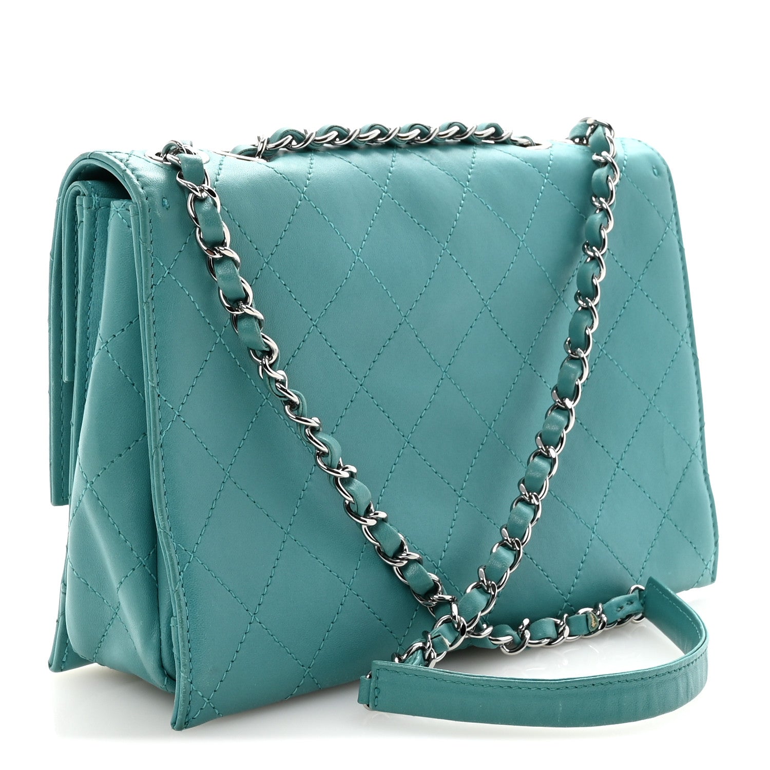 Chanel Calfskin Stitched Double Flap Bag Turquoise