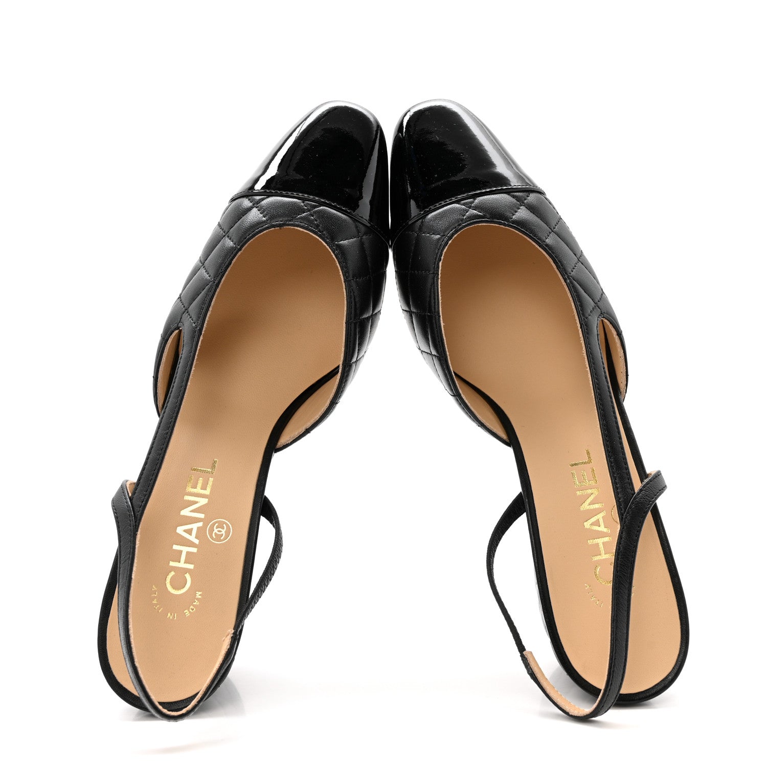Lambskin Patent Calfskin Quilted Cap Toe CC Slingback Pumps 39.5 Black