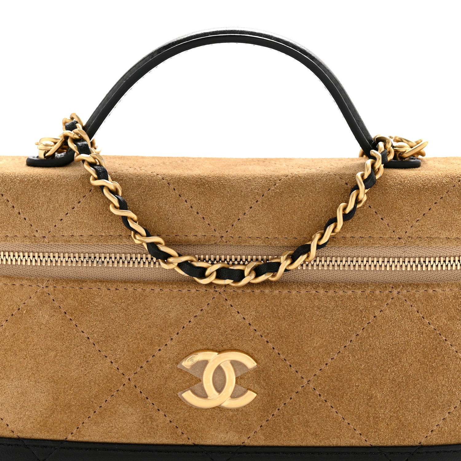 Chanel Suede Calfskin Shiny Lambskin Quilted Top Handle Slim Vanity Case With Chain Beige Black