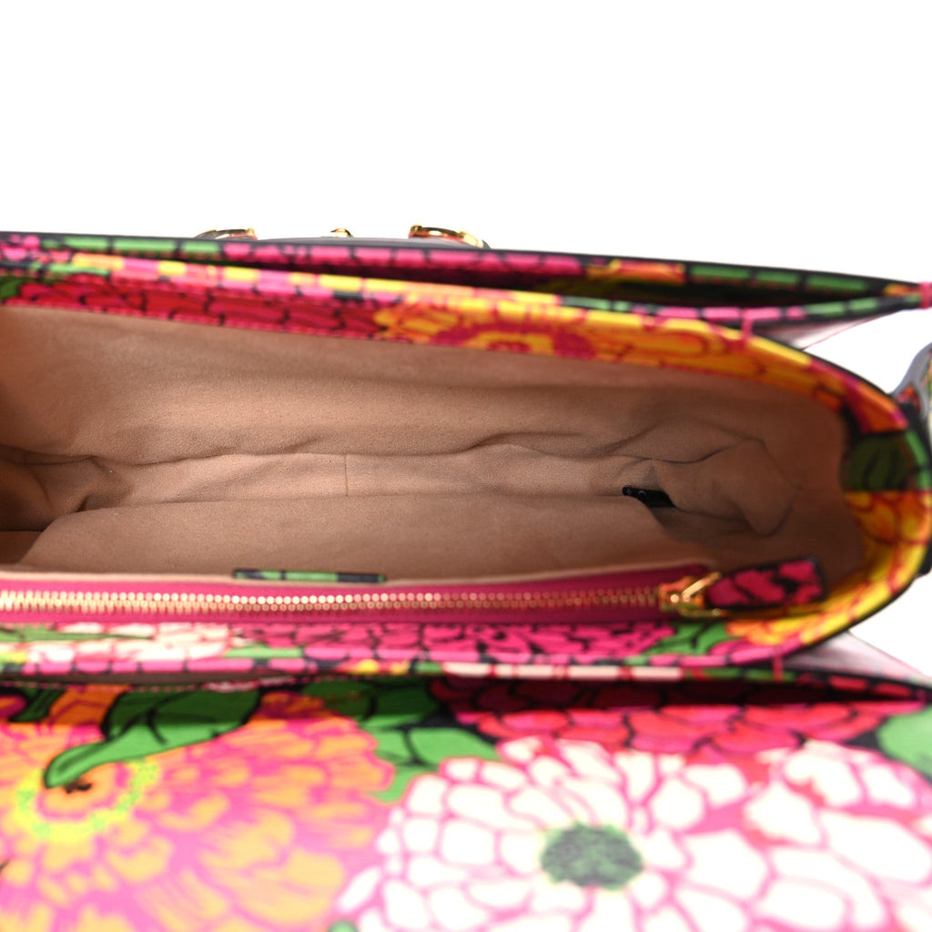 Gucci X KEN SCOTT Textured Calfskin Pomponica Print Horsebit 1955 Shoulder Bag Multicolor Fuxia Pompom