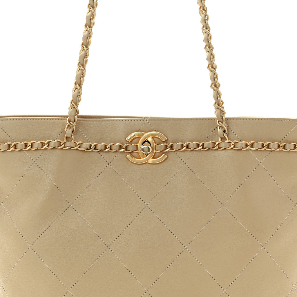 Chanel Calfskin Stitched Small Shopping Tote Dark Beige
