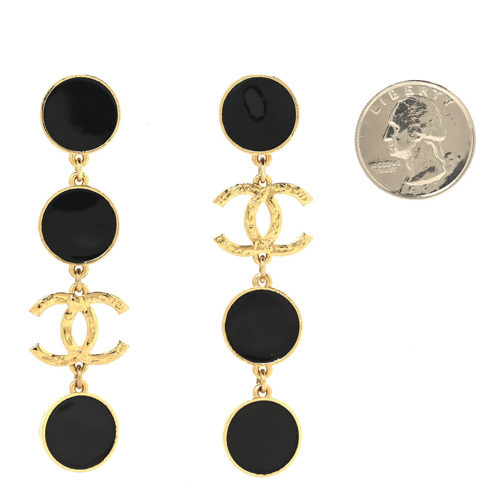 Metal Resin Disc CC Long Drop Earrings Gold Black
