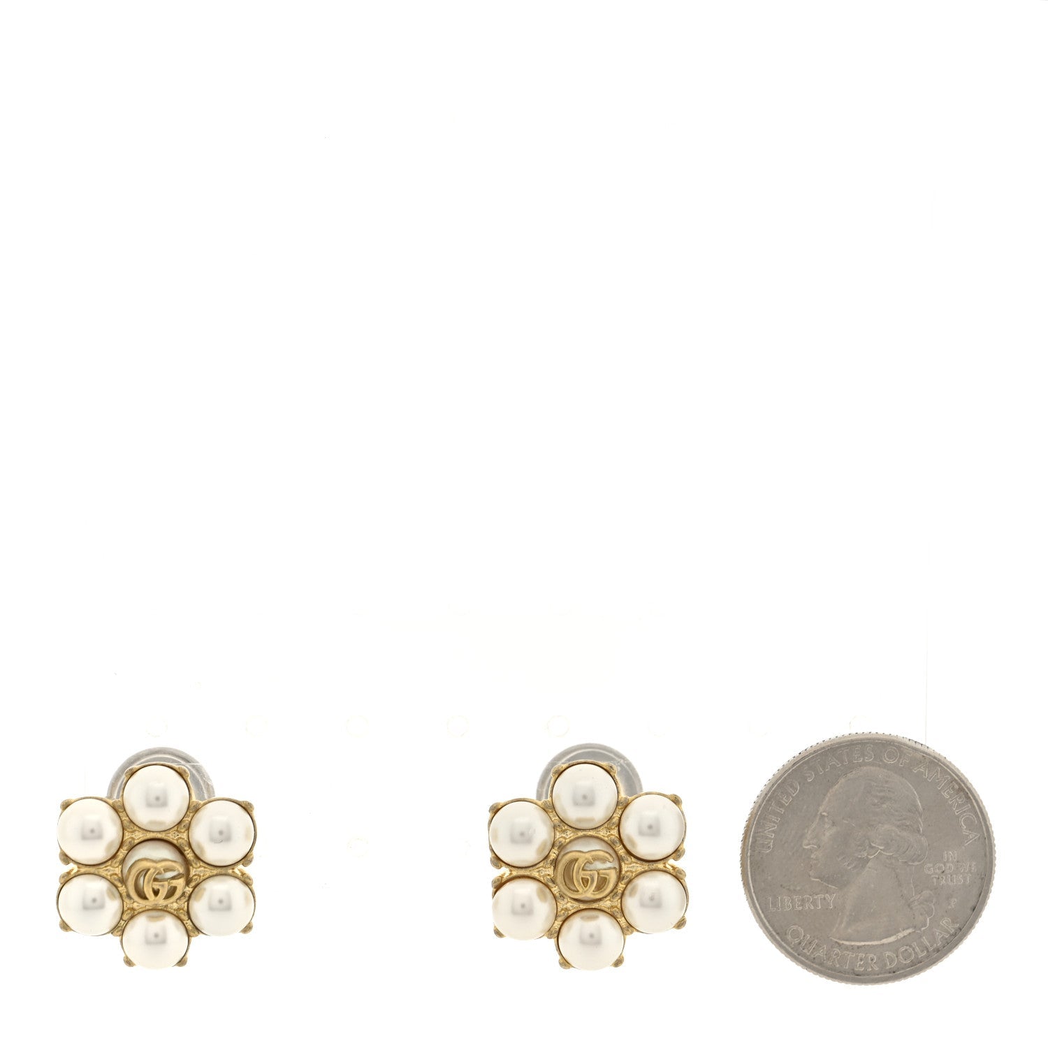 Gucci Metal Pearl Double G Clip On Earrings Aged Gold