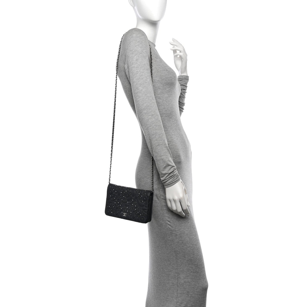 Chanel Lambskin Camellia Studded Wallet on Chain WOC Grey
