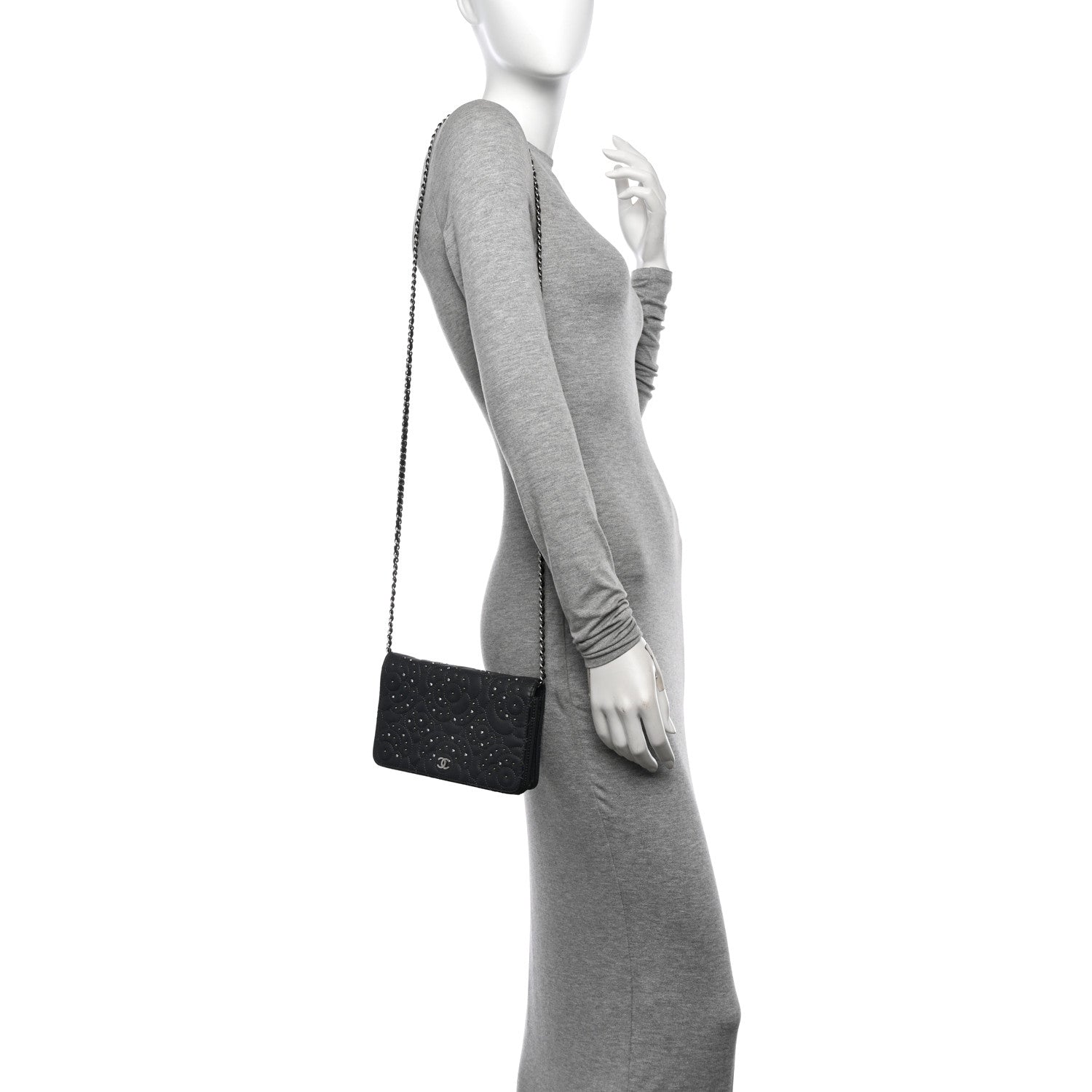 Chanel Lambskin Camellia Studded Wallet on Chain WOC Grey