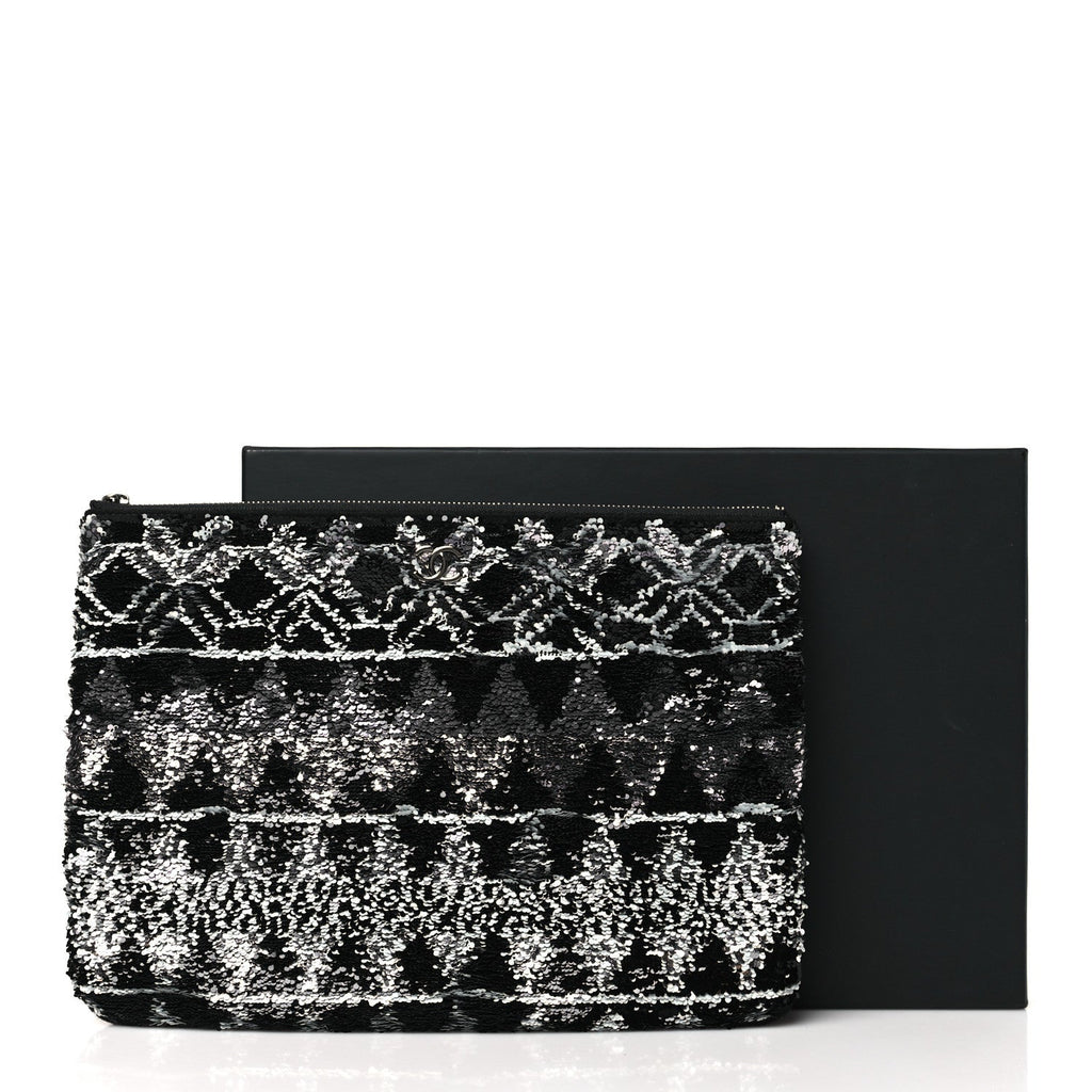 Chanel Sequin Wool Quilted Cosmetic Pouch Black Silver
