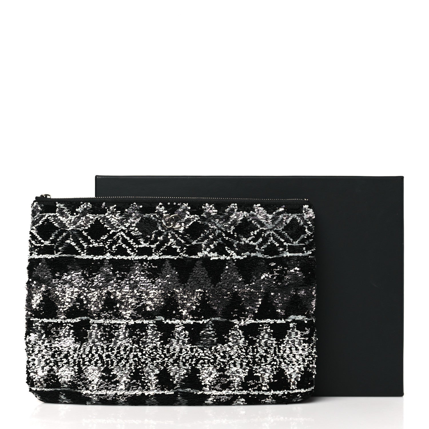 Chanel Sequin Wool Quilted Cosmetic Pouch Black Silver