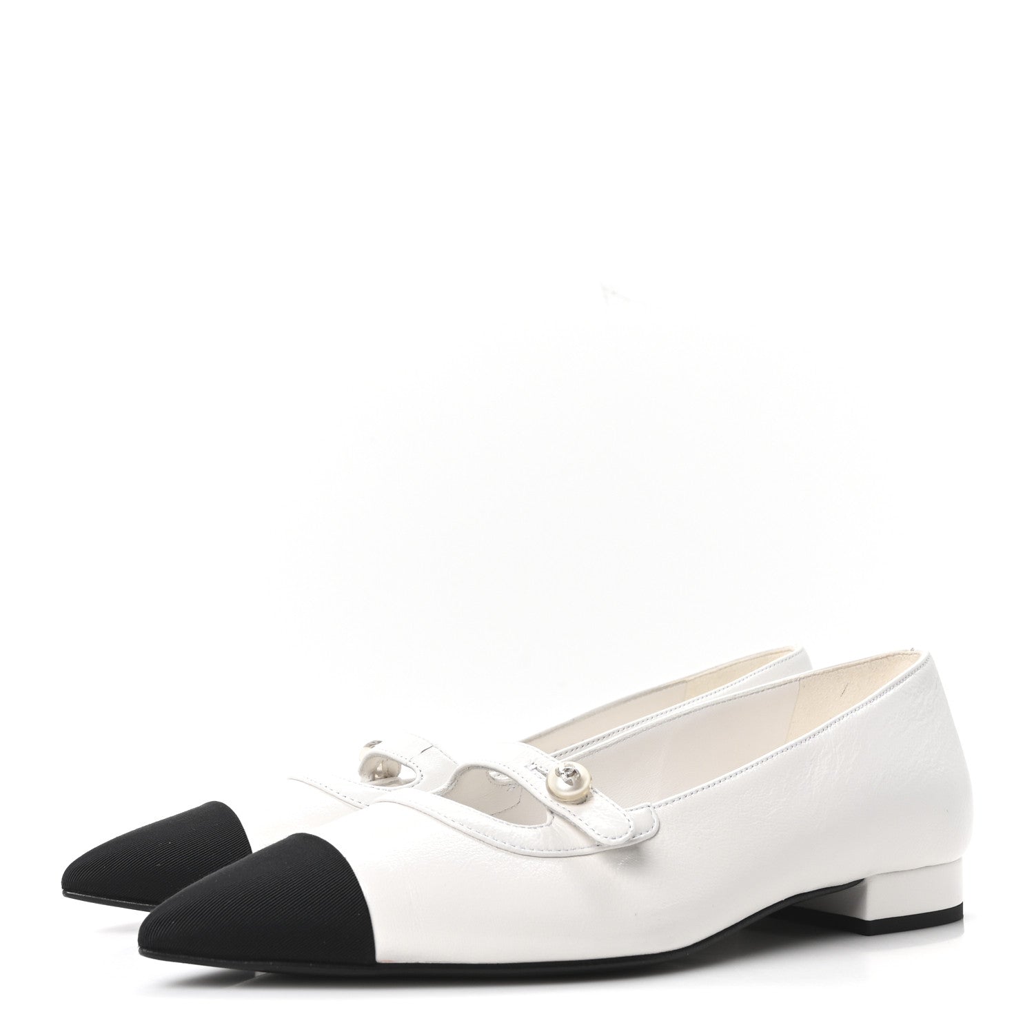 Chanel Shiny Lambskin Grosgrain Pearl Mary Janes Flats 37.5 White Black