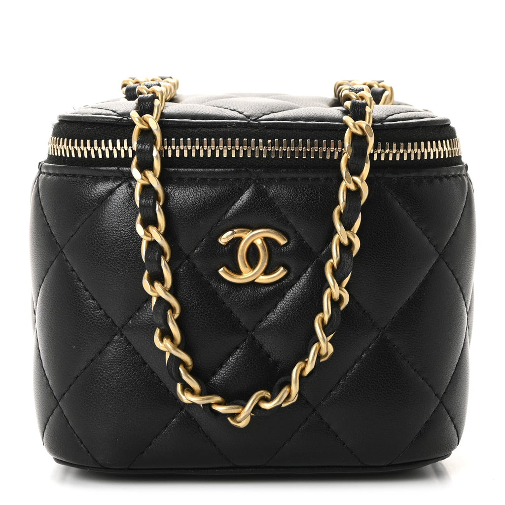 Chanel Lambskin Quilted Mini Pearl Crush Vanity Case With Chain Black