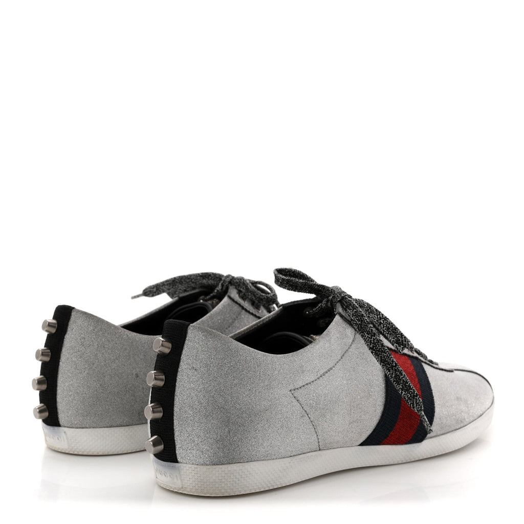 Gucci Glitter Fabric Studded Web Mens Sneakers 9 Silver