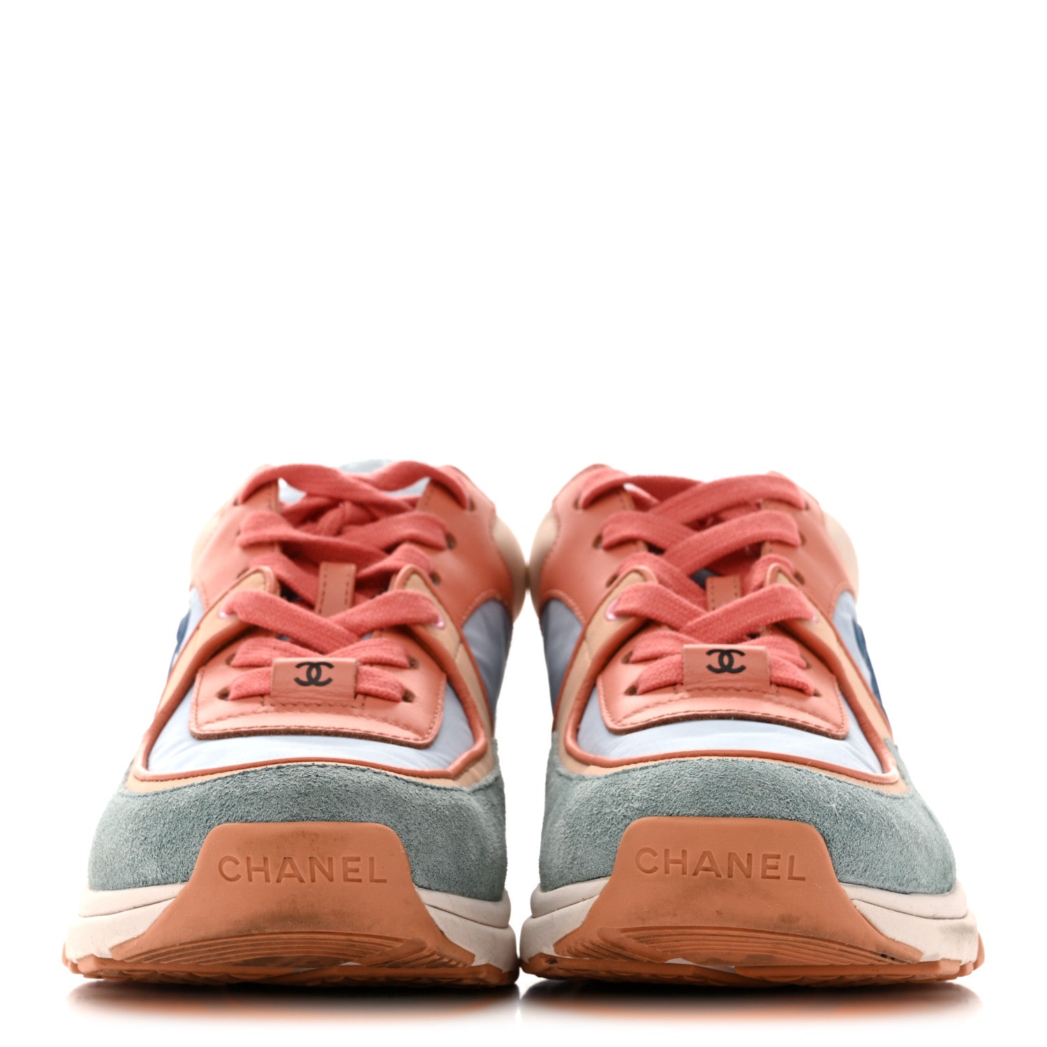 Nylon Lambskin Suede Calfskin CC Sneakers 35 Coral Light Blue White