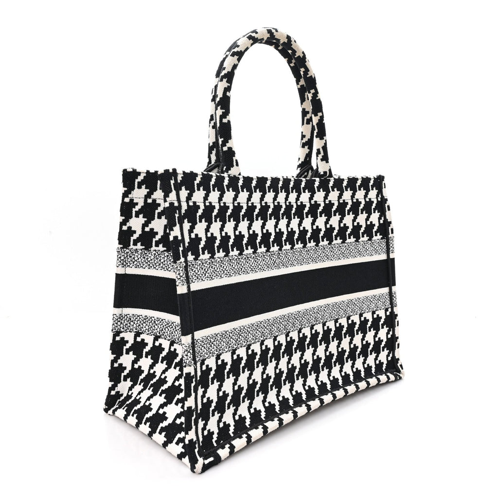 Christian Dior Canvas Macro Houndstooth Embroidered Medium Book Tote Black White