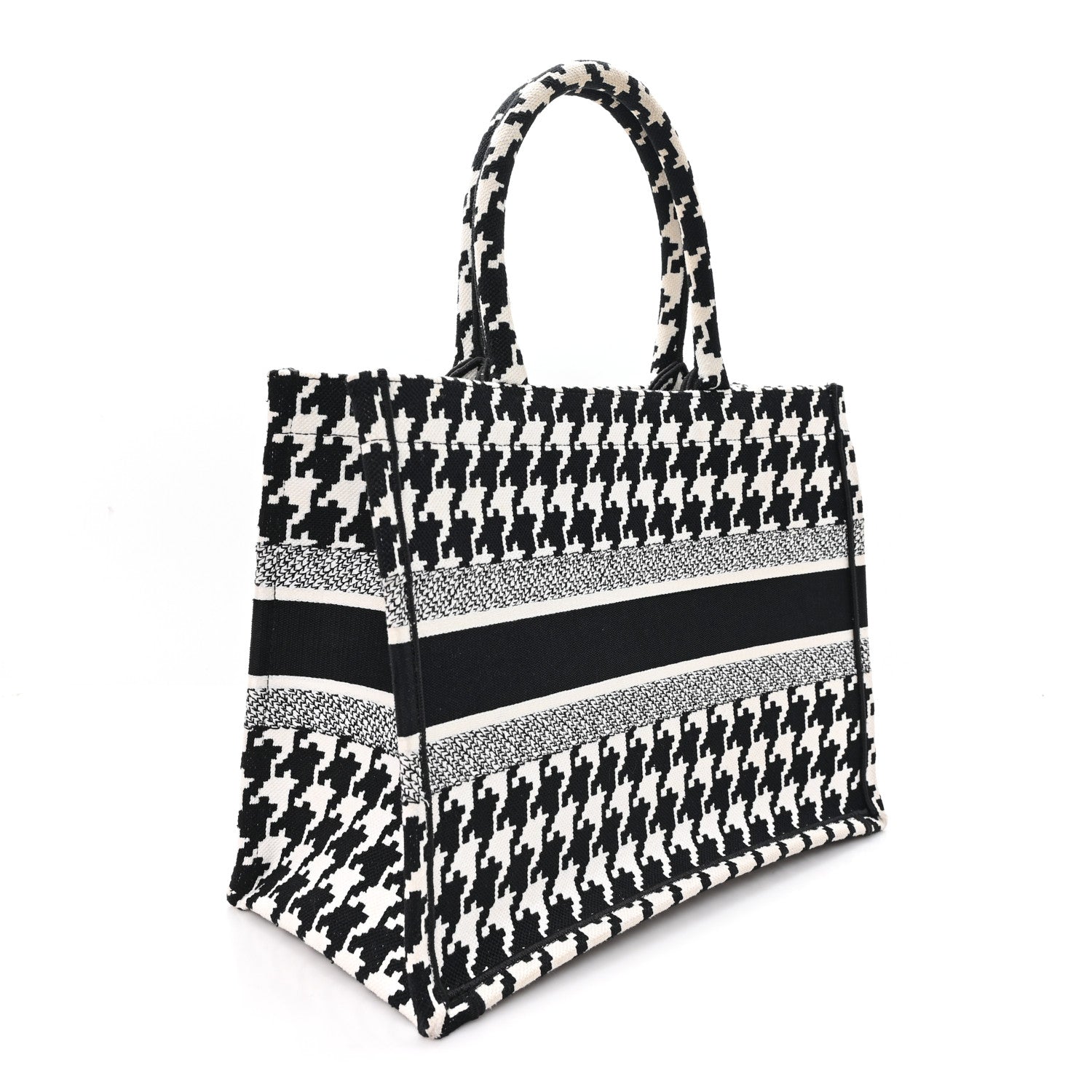 Christian Dior Canvas Macro Houndstooth Embroidered Medium Book Tote Black White