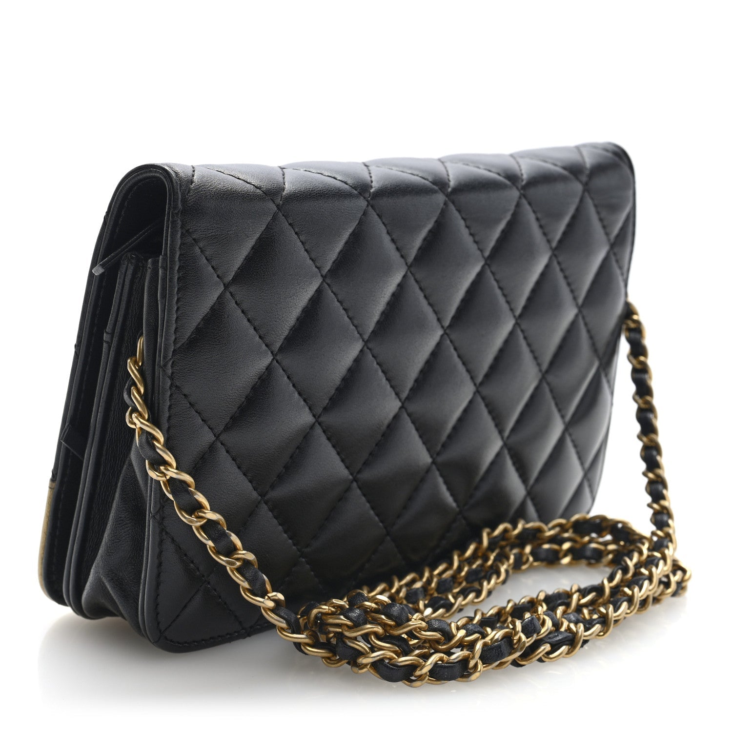 Chanel Lambskin Quilted Wallet On Chain WOC Black Gold