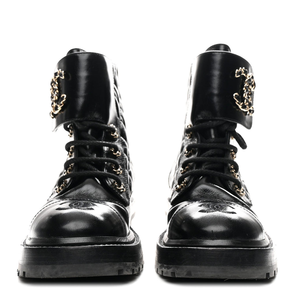 Chanel Shiny Calfskin Quilted Lace Up Combat Boots 36 Black
