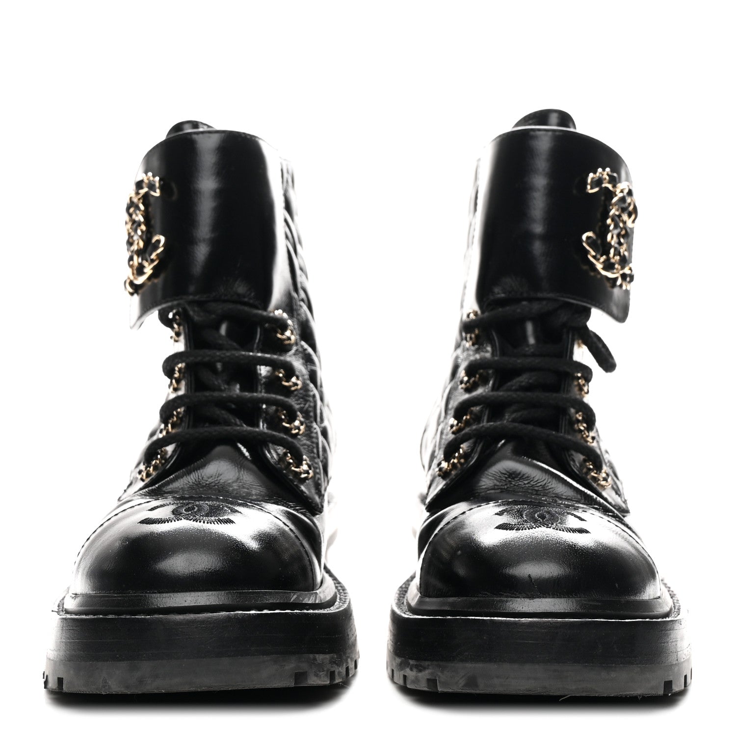 Chanel Shiny Calfskin Quilted Lace Up Combat Boots 36 Black