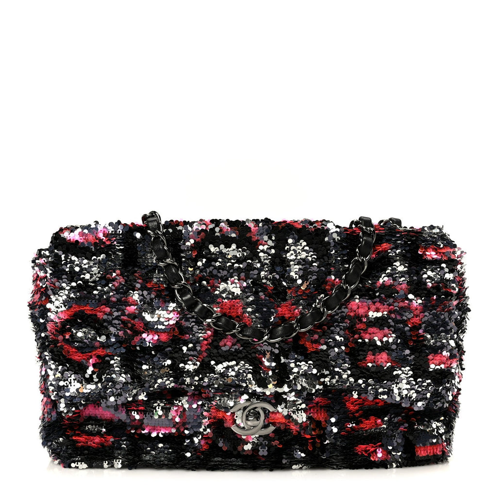 Chanel Sequin Logo Single Flap Pink Silver Black