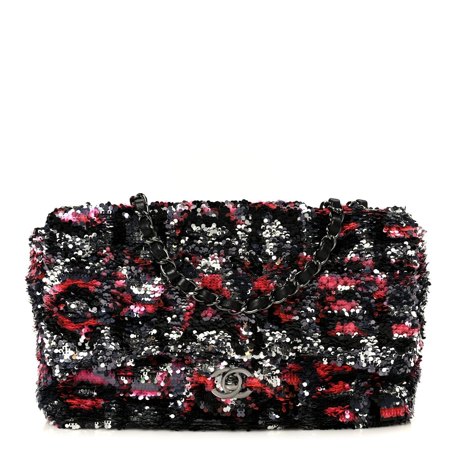 Chanel Sequin Logo Single Flap Pink Silver Black